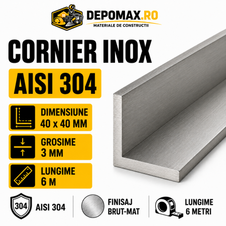 Cornier inox AISI 304, 40 x 40 x 3 mm, 6 metri